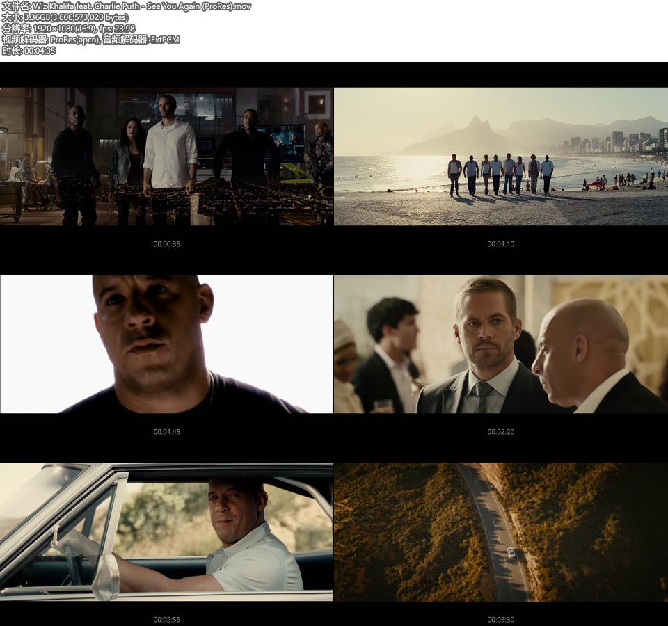 [PR] Wiz Khalifa feat. Charlie Puth – See You Again (官方MV) [ProRes] [1080P 3.36G]ProRes、欧美MV、高清MV2